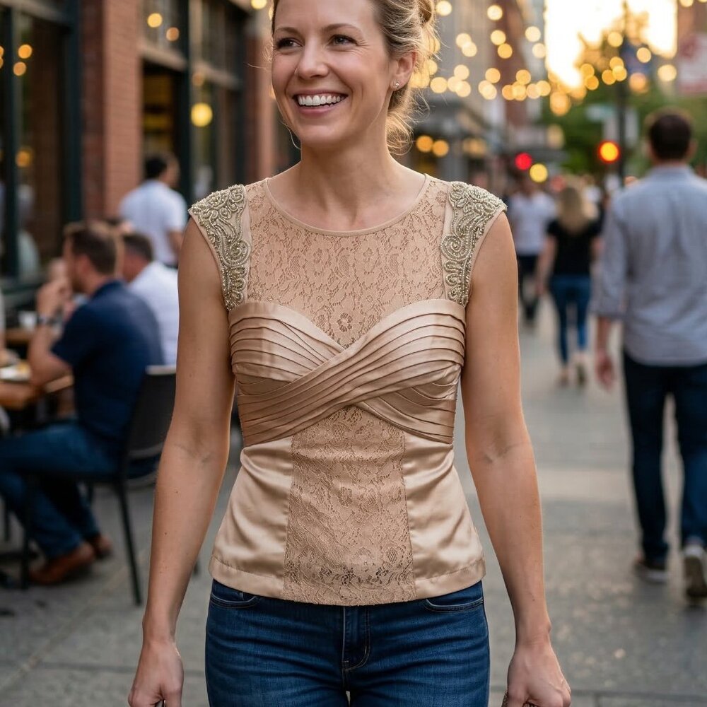 Bebe silk/lace beaded shoulder top